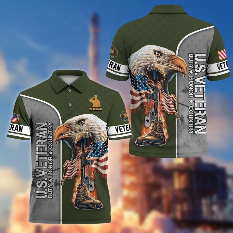 U.S. Veteran Eagle & American Flag Golf Polo Shirt – All Over Print, Moisture-Wicking, Patriotic Tribute
