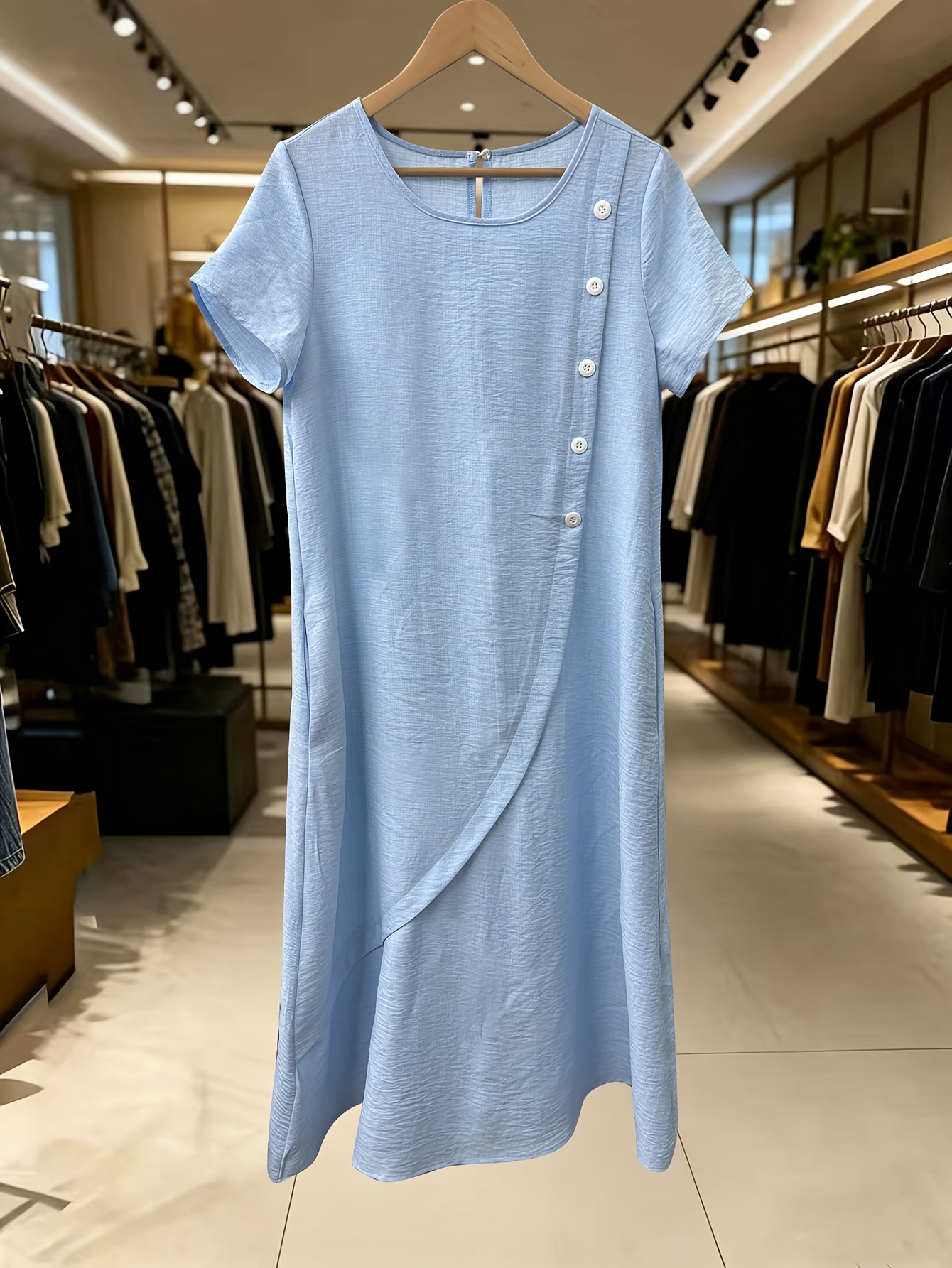 Women's Linen Blend Midi Dress, Round Neck Short Sleeve Casual Dress with Button Detail and Pockets