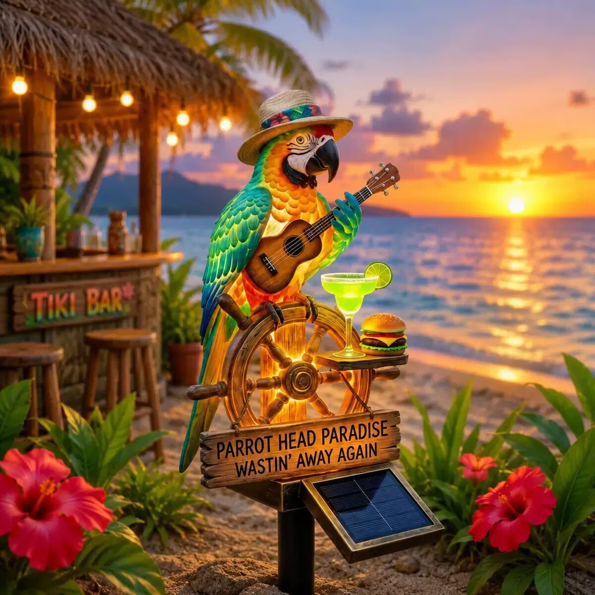 Tropical-style parrot solar lights, Tiki bar outdoor garden decor