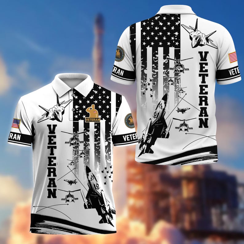 U.S. Veteran Military Aircraft Flag Golf Polo Shirt – All Over Print, Moisture-Wicking, Patriotic Tribute