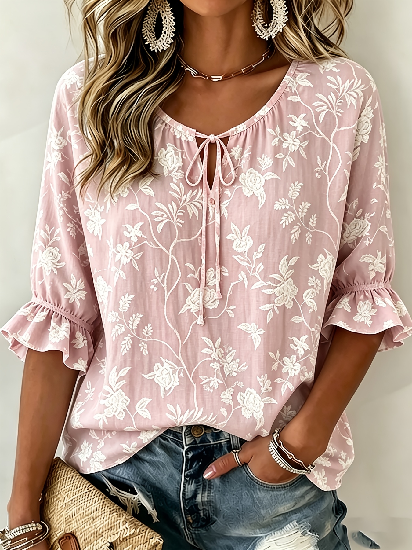 Women's Vintage Floral Print Tie Keyhole Neck Blouse, 3/4 Flounce Ruffle Sleeve Loose Lightweight Casual Daily Top