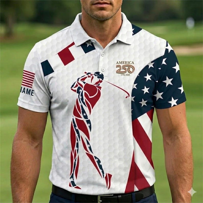 Custom American Flag Golf Polo Shirt – America 250th Anniversary, Personalized Golfer Silhouette & Ball Texture Print