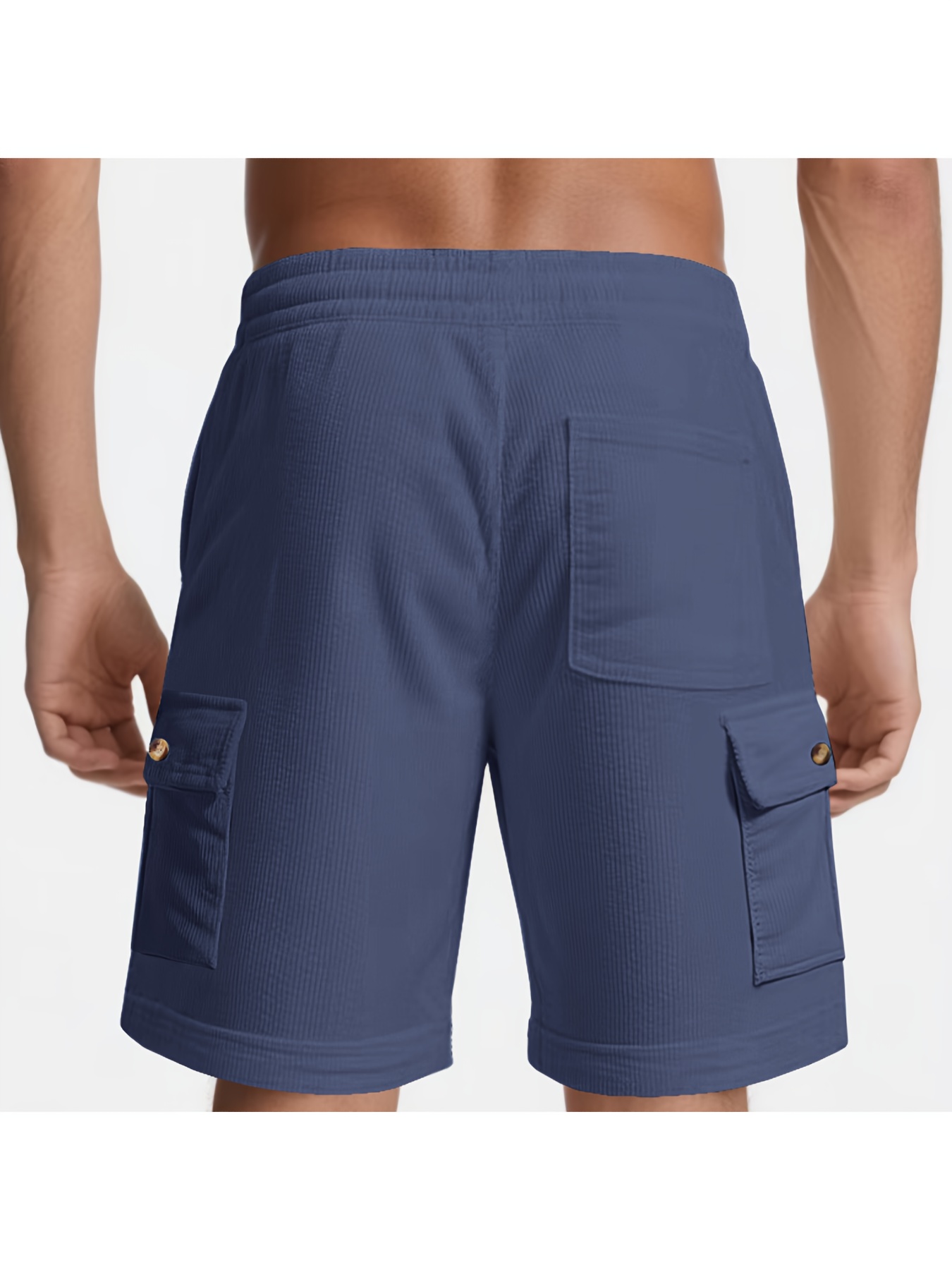 Men’s corduroy work shorts, casual shorts with an elastic waistband and drawstring, featuring button accents and side pockets.