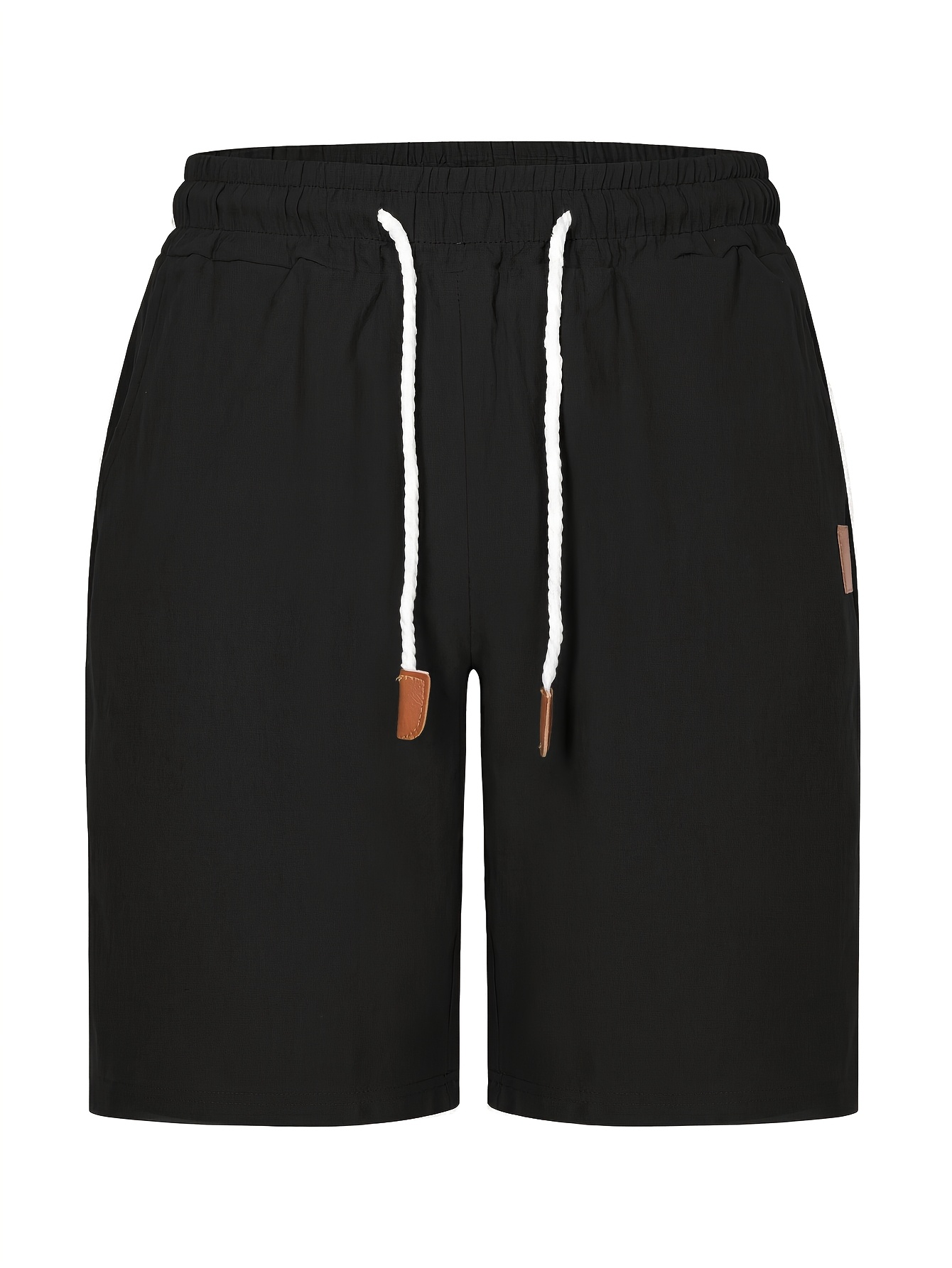 Men’s linen casual shorts with an elastic waistband and drawstring, summer beach shorts featuring leather patches