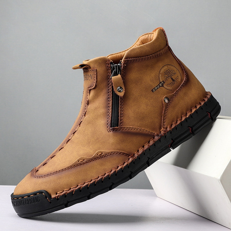 Breathable Men's Leather Ankle Boots with Side Zipper, Durable Sole for Daily Wear