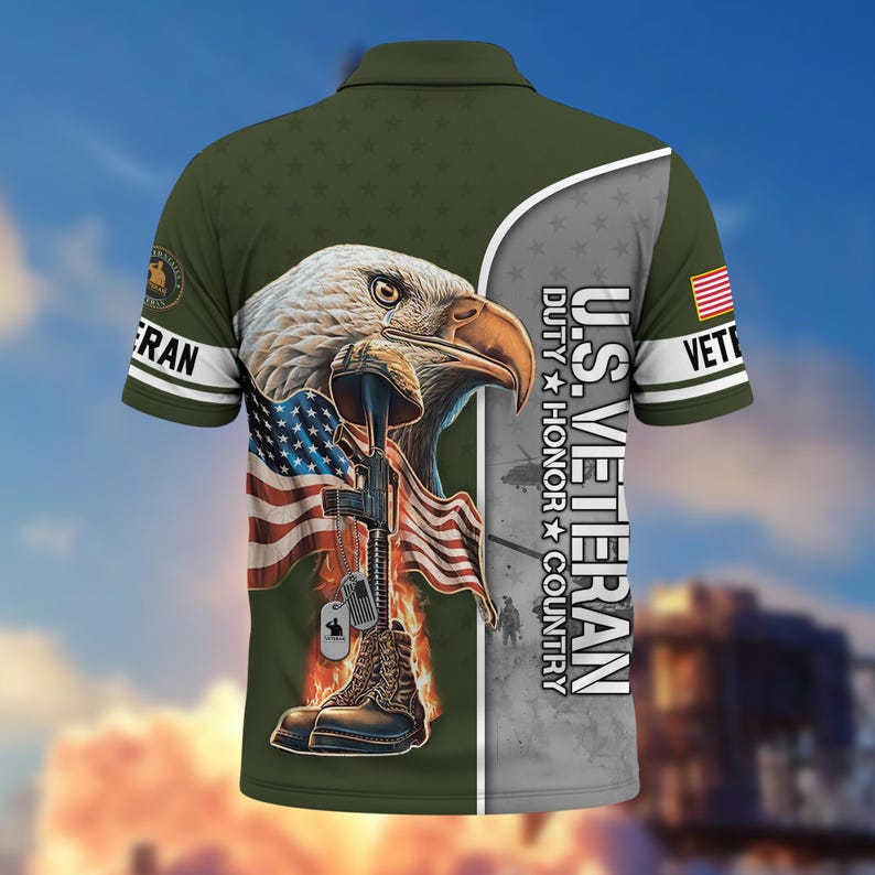 U.S. Veteran Eagle & American Flag Golf Polo Shirt – All Over Print, Moisture-Wicking, Patriotic Tribute