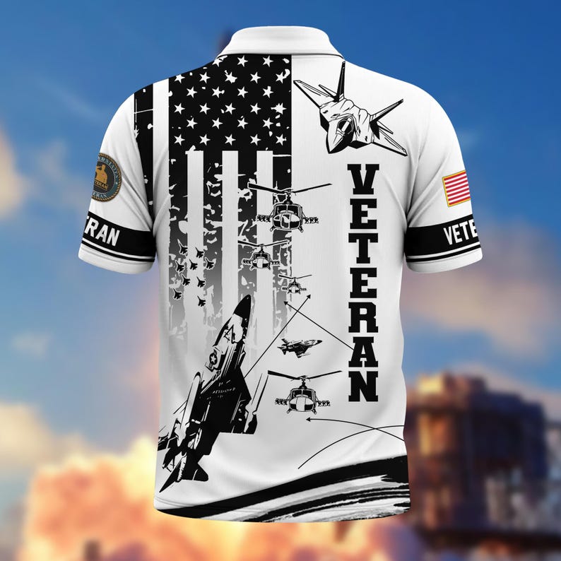 U.S. Veteran Military Aircraft Flag Golf Polo Shirt – All Over Print, Moisture-Wicking, Patriotic Tribute
