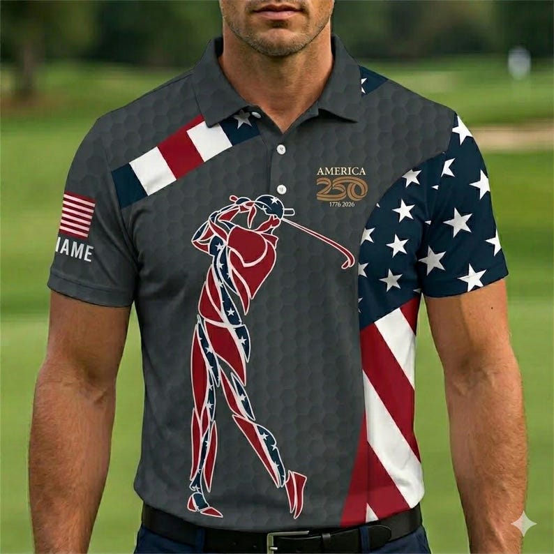 Custom American Flag Golf Polo Shirt – America 250th Anniversary, Personalized Golfer Silhouette & Ball Texture Print