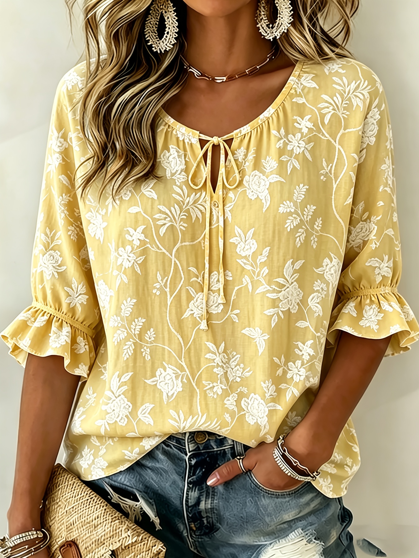Women's Vintage Floral Print Tie Keyhole Neck Blouse, 3/4 Flounce Ruffle Sleeve Loose Lightweight Casual Daily Top