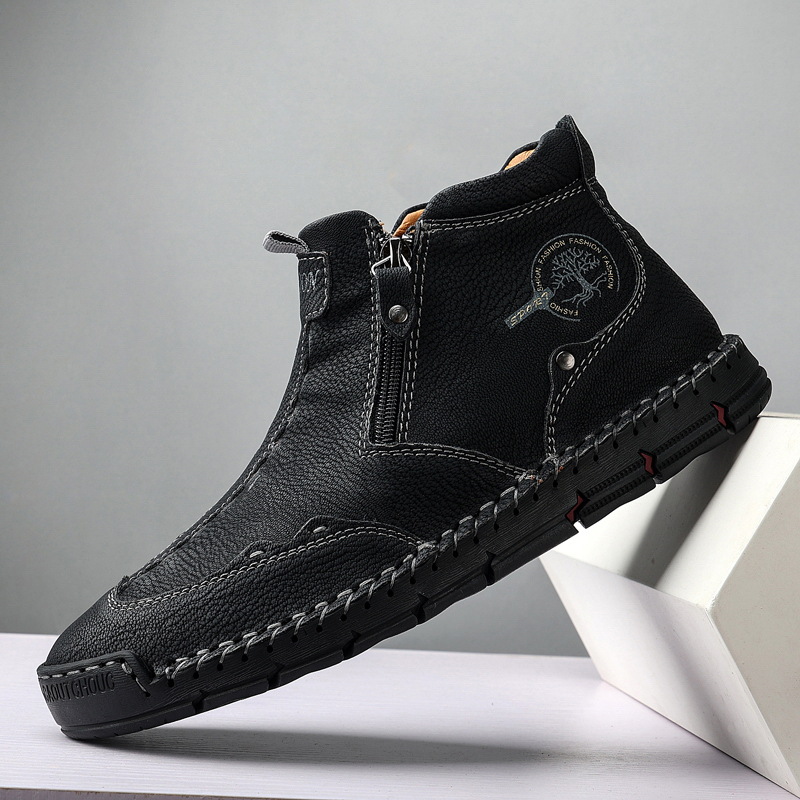 Breathable Men's Leather Ankle Boots with Side Zipper, Durable Sole for Daily Wear