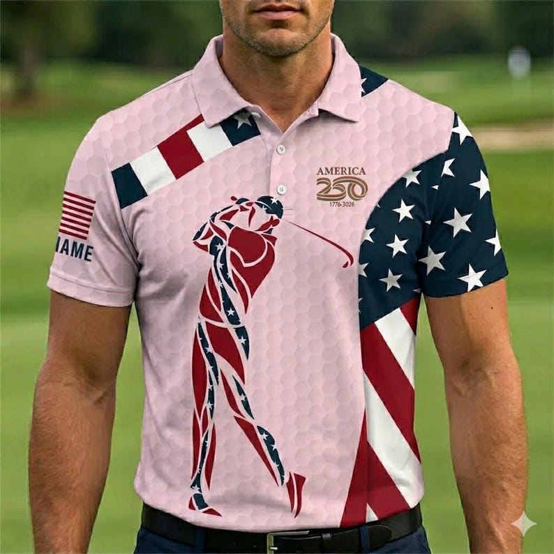 Custom American Flag Golf Polo Shirt – America 250th Anniversary, Personalized Golfer Silhouette & Ball Texture Print