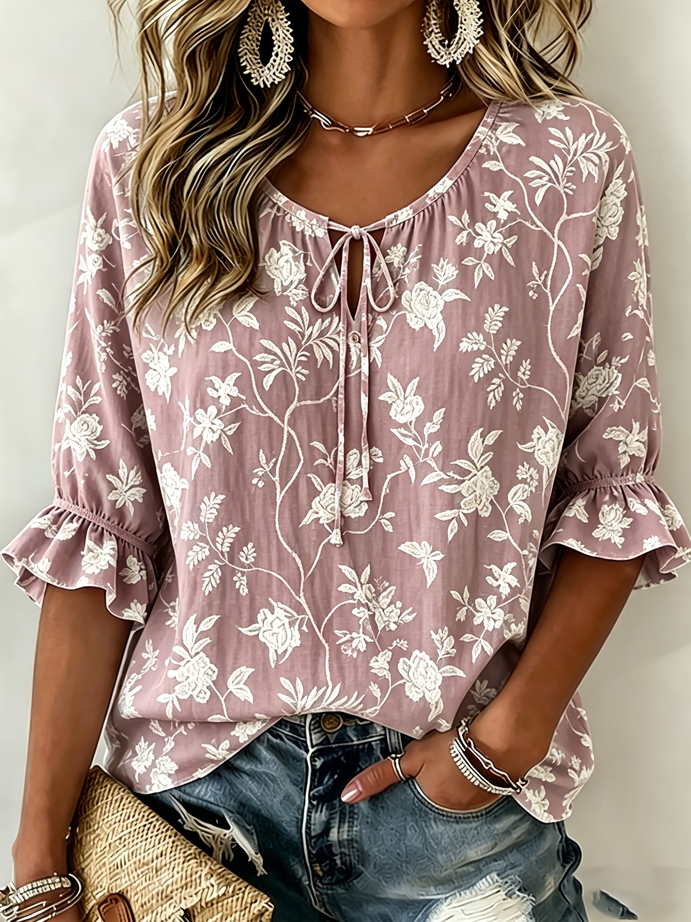Women's Vintage Floral Print Tie Keyhole Neck Blouse, 3/4 Flounce Ruffle Sleeve Loose Lightweight Casual Daily Top