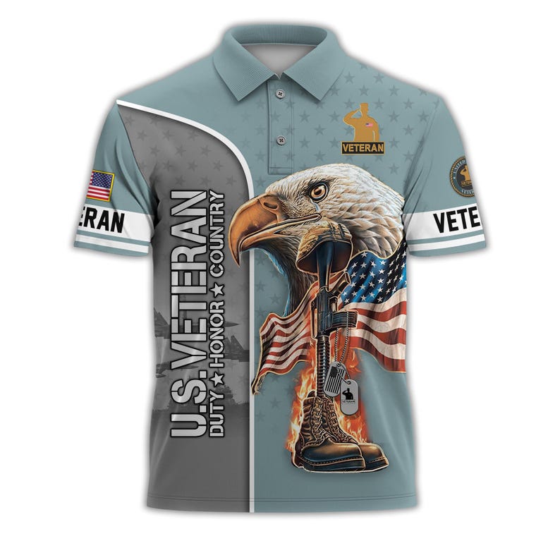 U.S. Veteran Eagle & American Flag Golf Polo Shirt – All Over Print, Moisture-Wicking, Patriotic Tribute