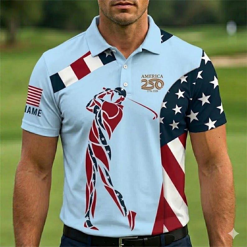Custom American Flag Golf Polo Shirt – America 250th Anniversary, Personalized Golfer Silhouette & Ball Texture Print
