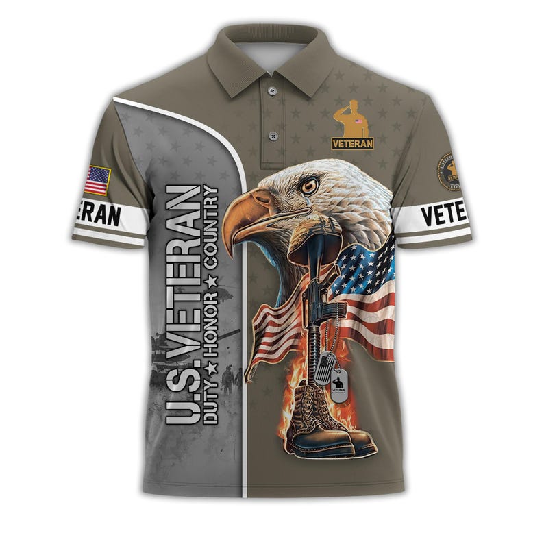 U.S. Veteran Eagle & American Flag Golf Polo Shirt – All Over Print, Moisture-Wicking, Patriotic Tribute