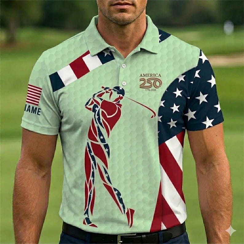Custom American Flag Golf Polo Shirt – America 250th Anniversary, Personalized Golfer Silhouette & Ball Texture Print