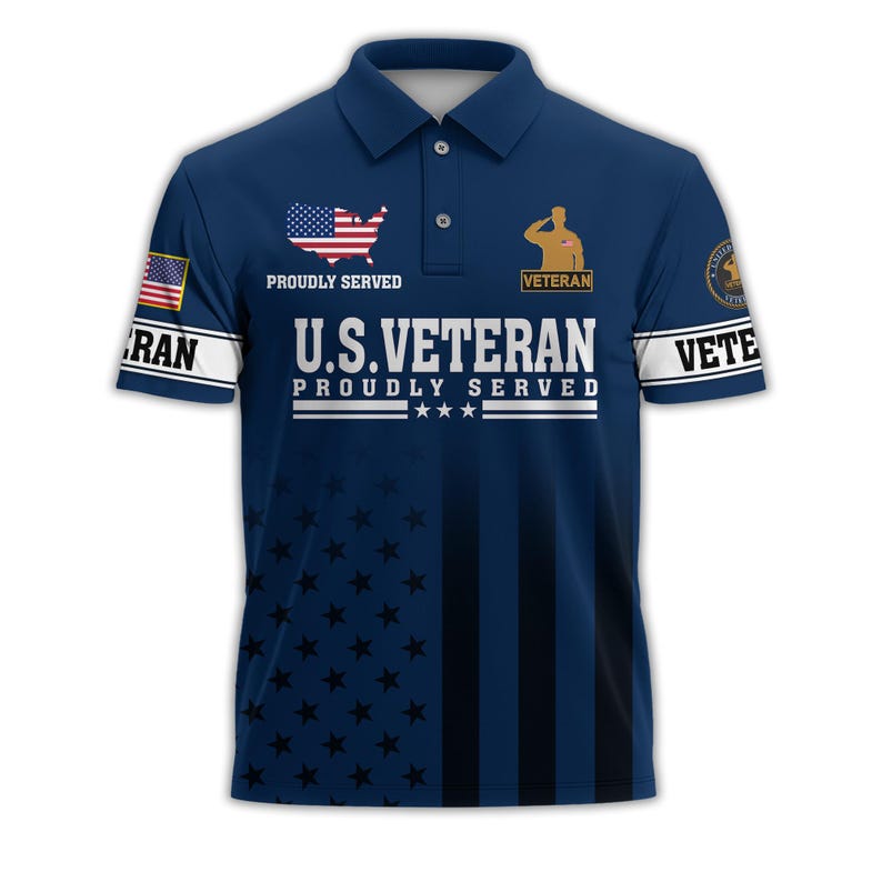 U.S. Veteran Proudly Served Patriotic Golf Polo Shirt | American Flag Star Stripe Short Sleeve Polo for Men