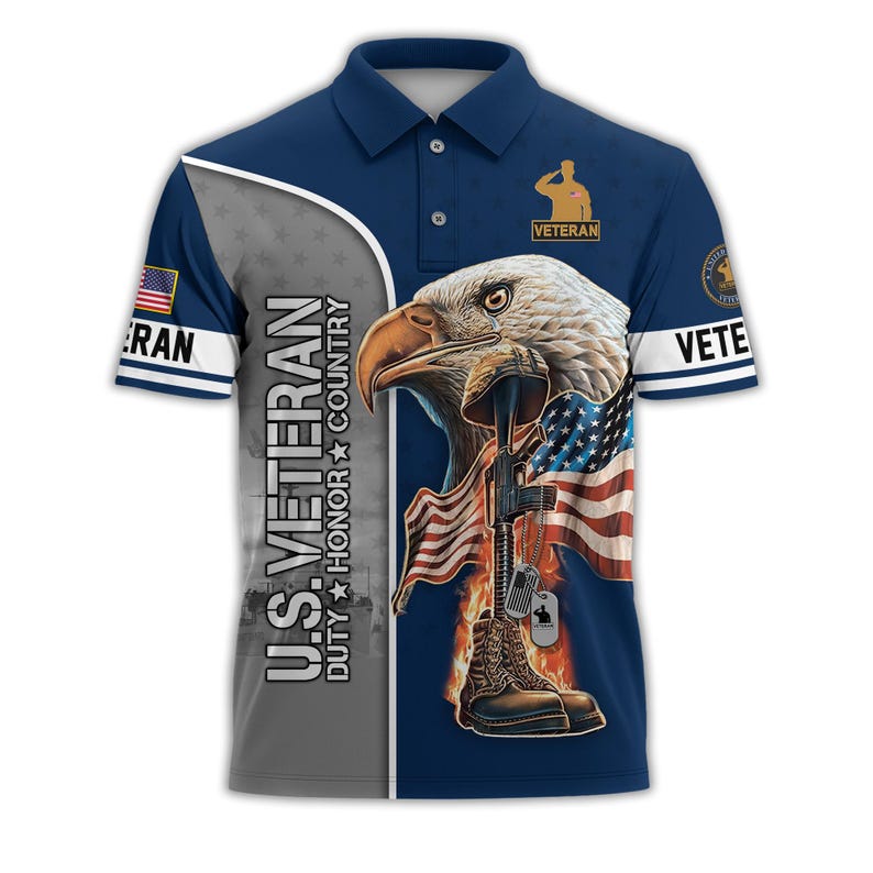 U.S. Veteran Eagle & American Flag Golf Polo Shirt – All Over Print, Moisture-Wicking, Patriotic Tribute