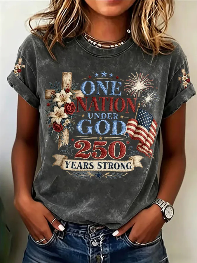 Women's "One Nation Under God 250 Years Strong" Patriotic Cross & Flag Print Short-Sleeve T-Shirt