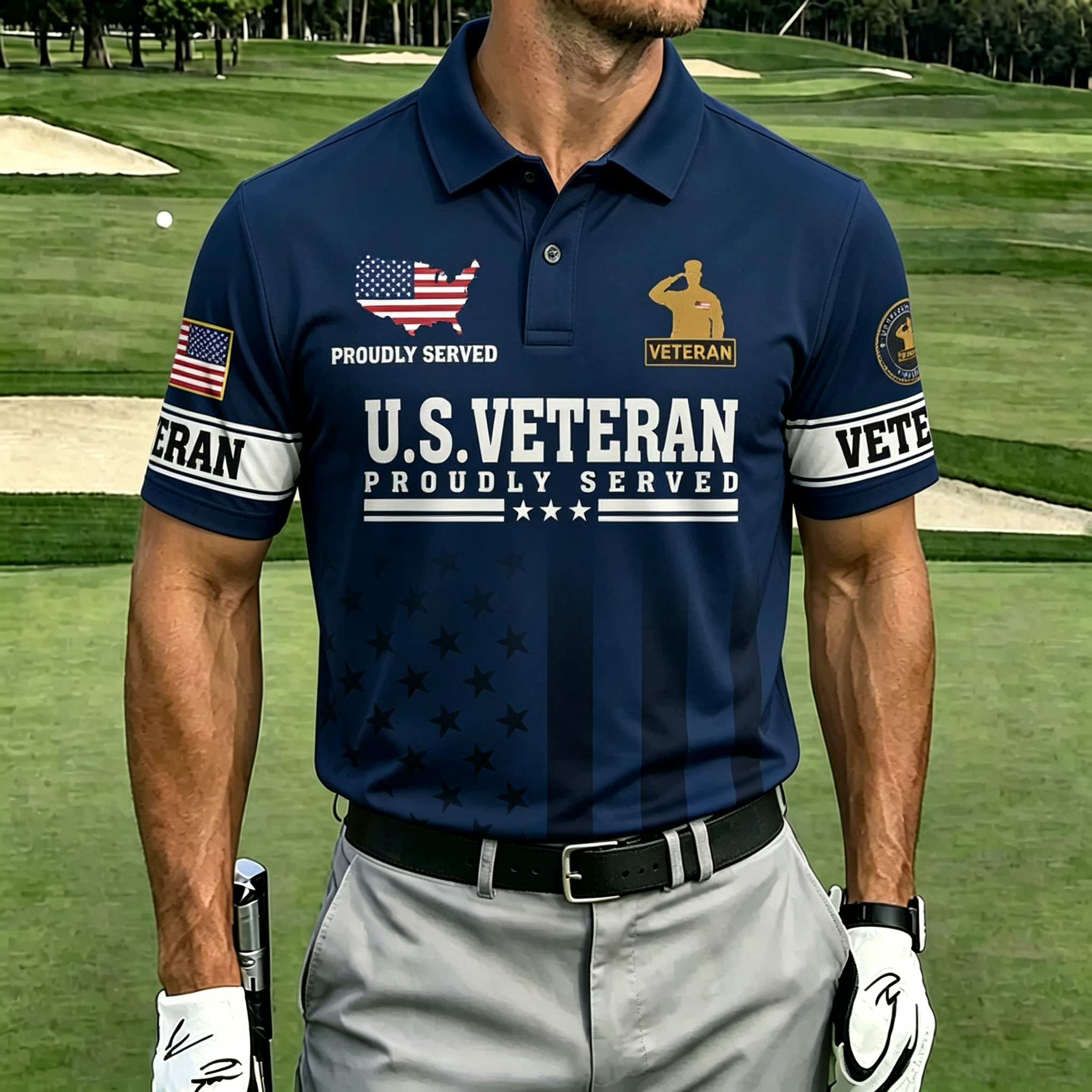 U.S. Veteran Proudly Served Patriotic Golf Polo Shirt | American Flag Star Stripe Short Sleeve Polo for Men