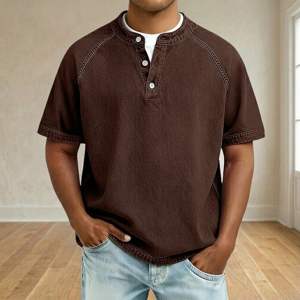 Men's Vintage Washed Raglan Henley T-Shirt, Short Sleeve Button Placket Casual Tee with Contrast Stitching