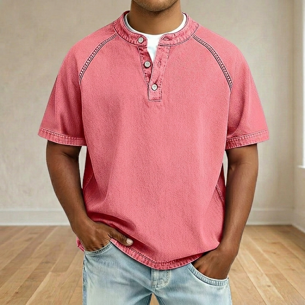 Men's Vintage Washed Raglan Henley T-Shirt, Short Sleeve Button Placket Casual Tee with Contrast Stitching