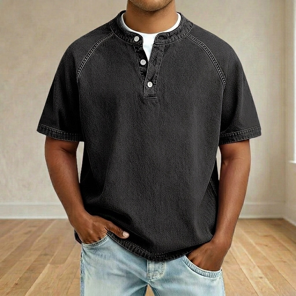 Men's Vintage Washed Raglan Henley T-Shirt, Short Sleeve Button Placket Casual Tee with Contrast Stitching