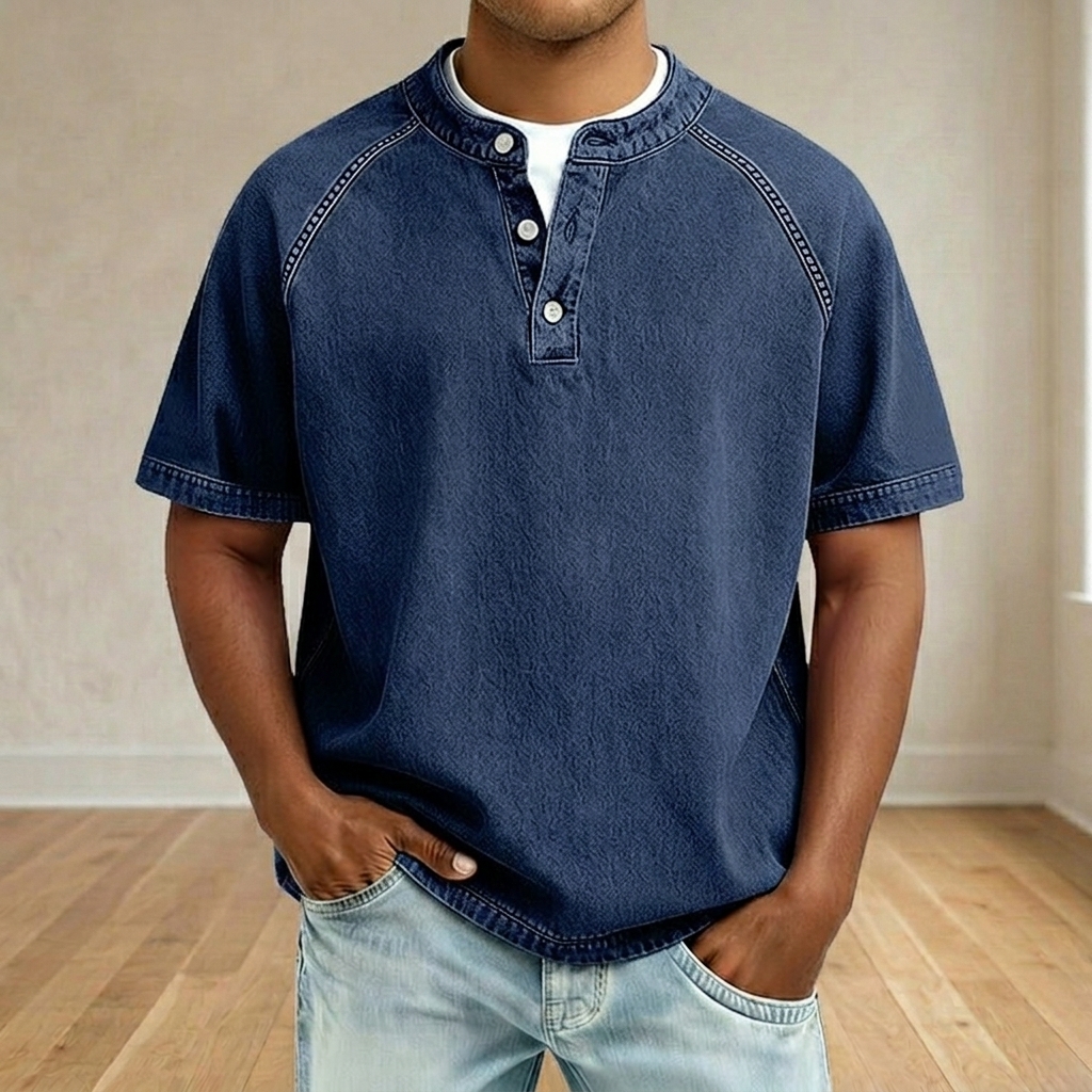 Men's Vintage Washed Raglan Henley T-Shirt, Short Sleeve Button Placket Casual Tee with Contrast Stitching