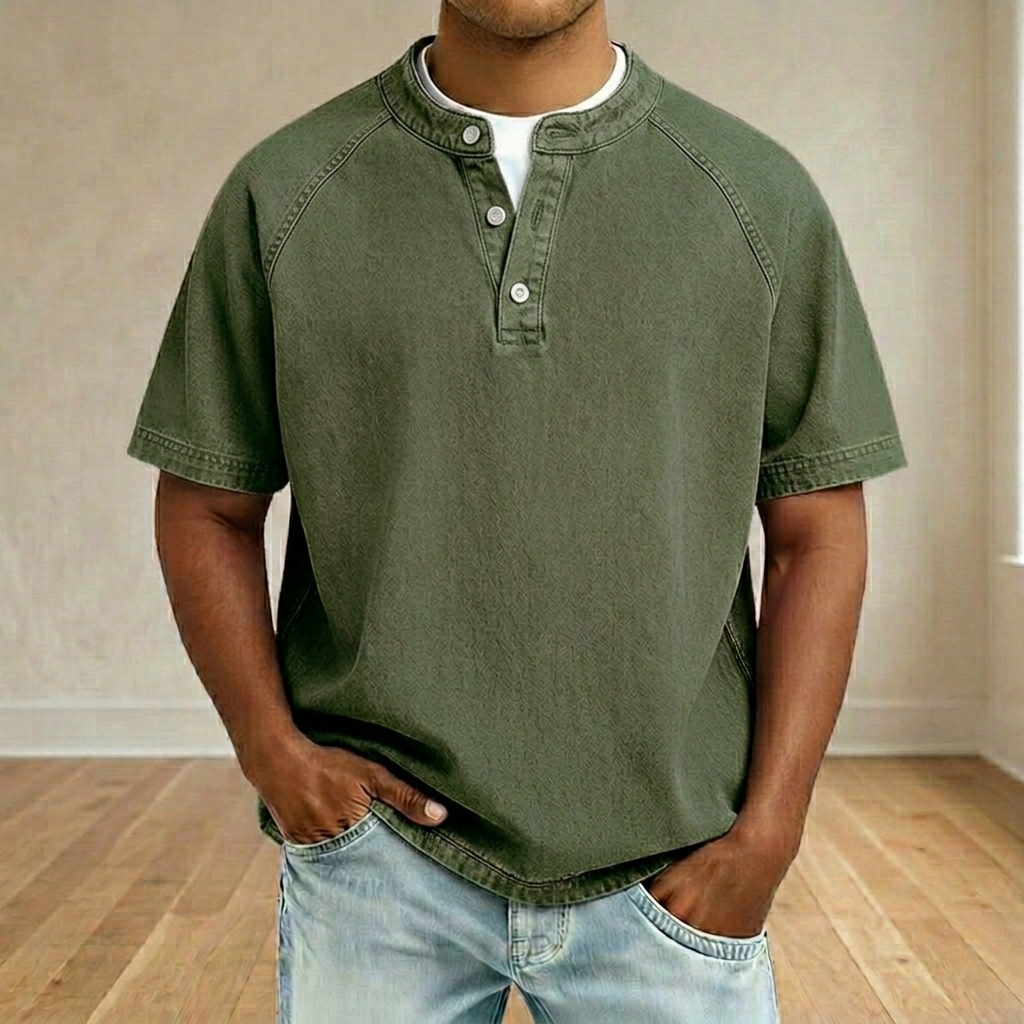 Men's Vintage Washed Raglan Henley T-Shirt, Short Sleeve Button Placket Casual Tee with Contrast Stitching