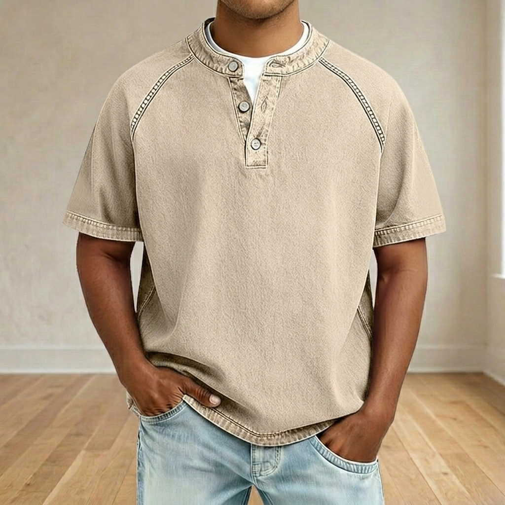 Men's Vintage Washed Raglan Henley T-Shirt, Short Sleeve Button Placket Casual Tee with Contrast Stitching