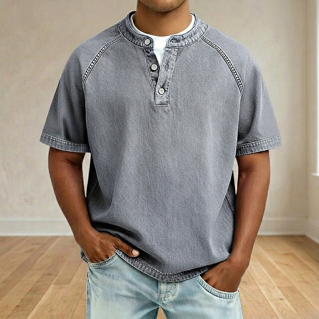 Men's Vintage Washed Raglan Henley T-Shirt, Short Sleeve Button Placket Casual Tee with Contrast Stitching