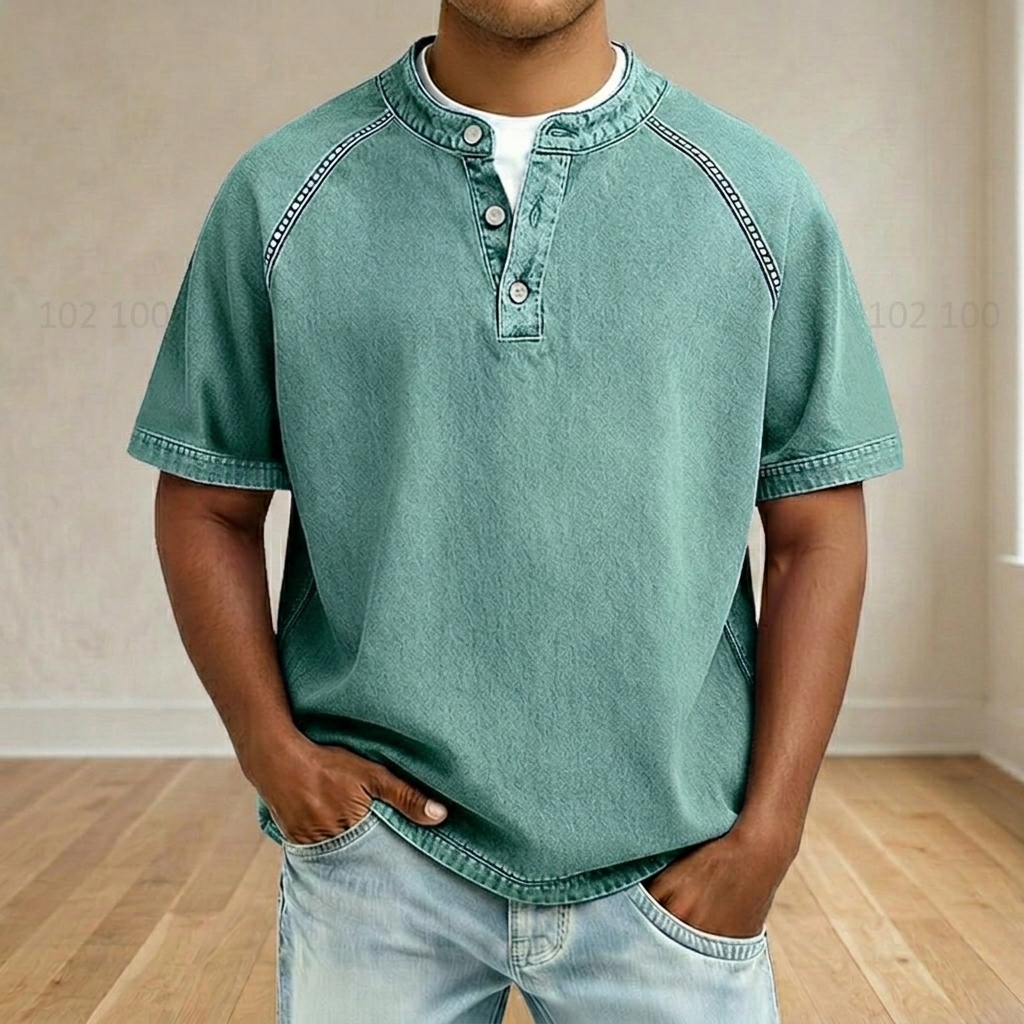 Men's Vintage Washed Raglan Henley T-Shirt, Short Sleeve Button Placket Casual Tee with Contrast Stitching