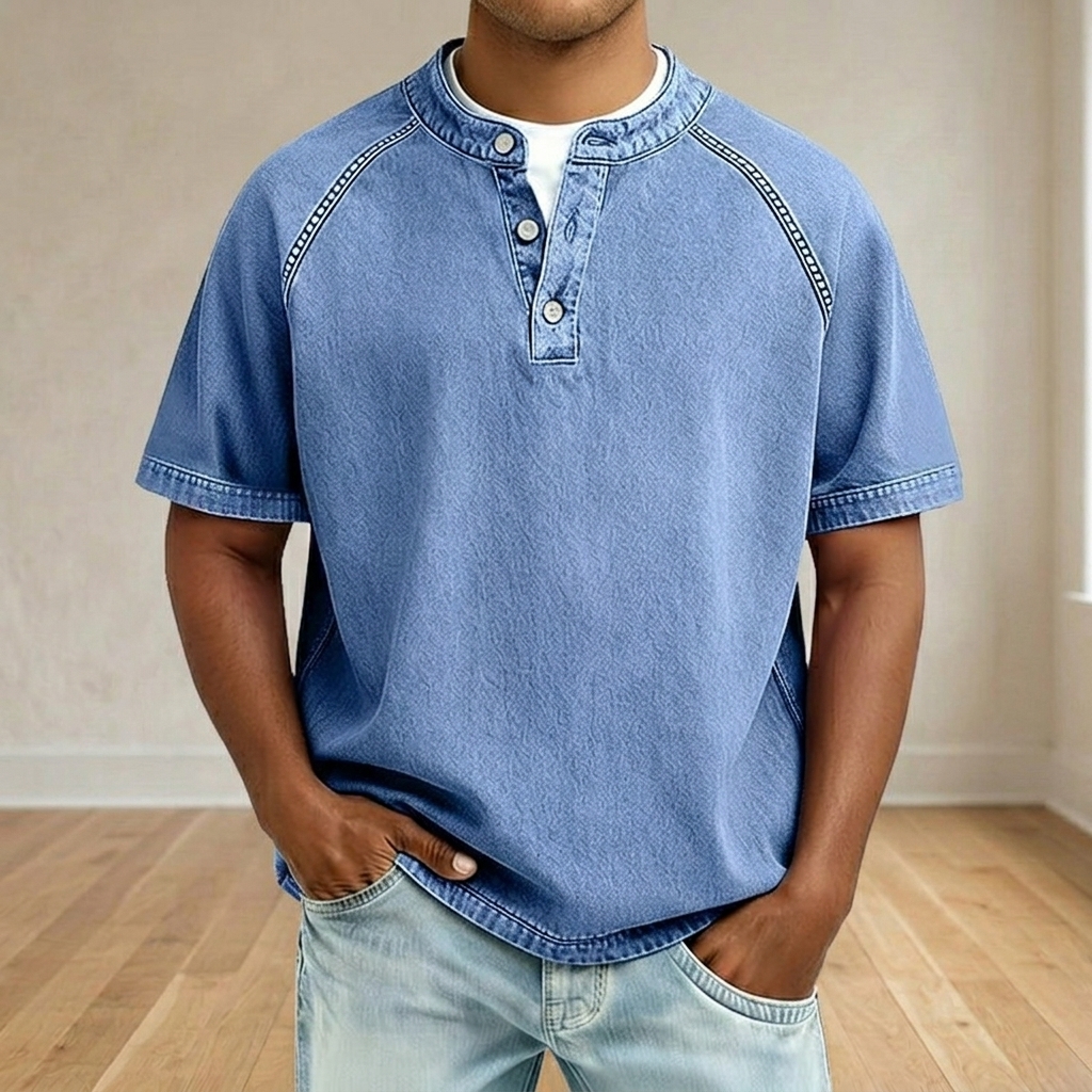 Men's Vintage Washed Raglan Henley T-Shirt, Short Sleeve Button Placket Casual Tee with Contrast Stitching