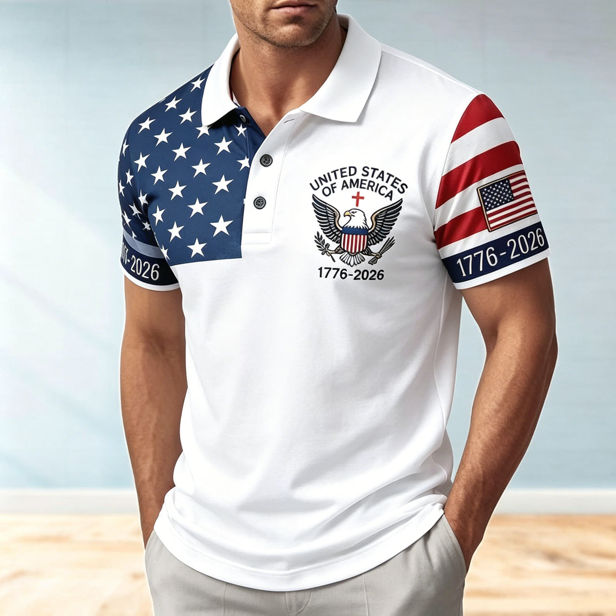 USA 250th Anniversary 1776-2026 Bald Eagle Patriotic Golf Polo Shirt | American Flag Short Sleeve Polo