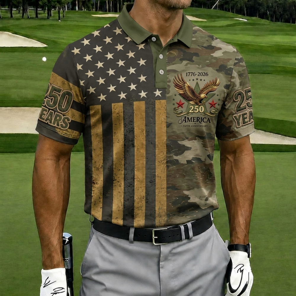 USA 250th Anniversary Camo & Flag Golf Polo Shirt – Split Design American Eagle Print, Patriotic Quick Dry Short Sleeve Casual Top