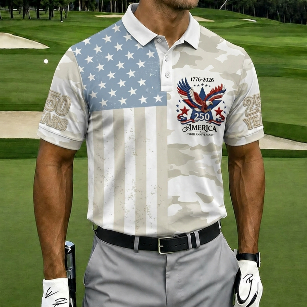 USA 250th Anniversary Camo & Flag Golf Polo Shirt – Split Design American Eagle Print, Patriotic Quick Dry Short Sleeve Casual Top