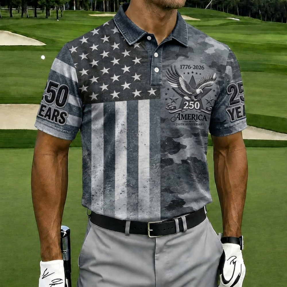 USA 250th Anniversary Camo & Flag Golf Polo Shirt – Split Design American Eagle Print, Patriotic Quick Dry Short Sleeve Casual Top