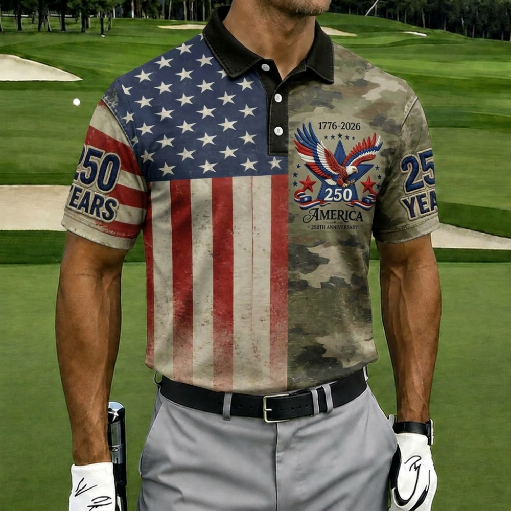USA 250th Anniversary Camo & Flag Golf Polo Shirt – Split Design American Eagle Print, Patriotic Quick Dry Short Sleeve Casual Top