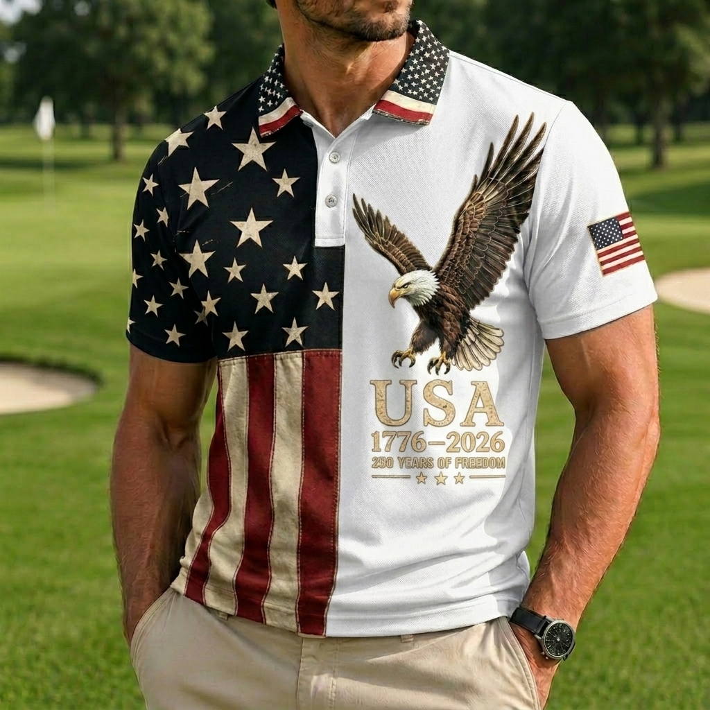 Men's Patriotic Eagle & USA Flag Print Golf Polo Shirt, 1776-2026 250 Years of Freedom Short Sleeve Casual Top