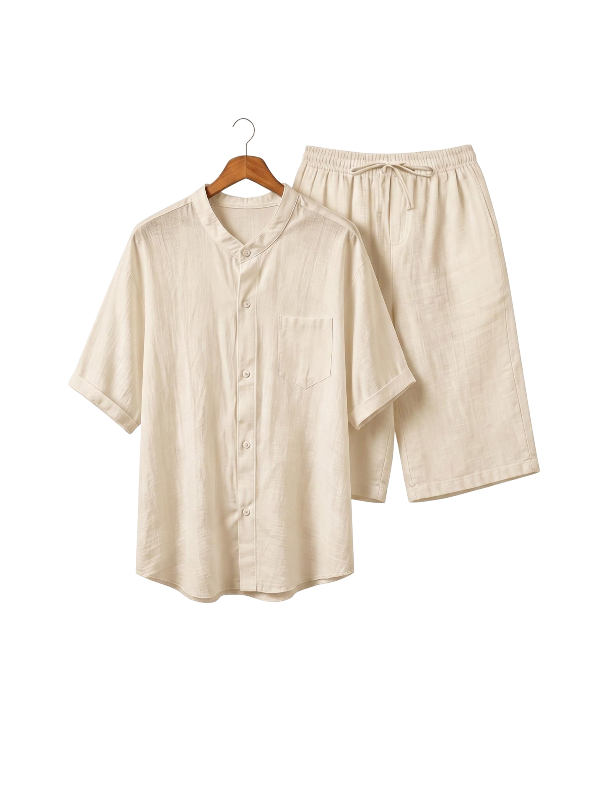 Men’s linen two-piece summer set: short-sleeved shirt with a stand-up collar paired with shorts with an elastic waistband