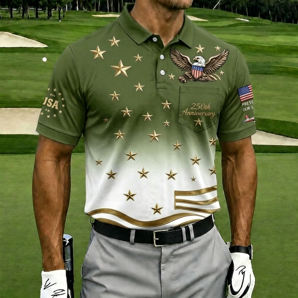 USA 250th Anniversary Patriotic Eagle Golf Polo Shirt, Men's Casual Top with Gradient Gold Star Print