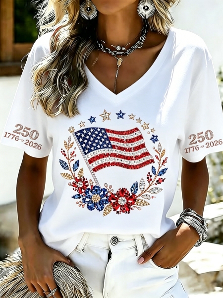 U.S. 250th Anniversary Rhinestone Flag V-Neck T-Shirt—Featuring a sparkling floral wreath and star print, a casual short-sleeve top
