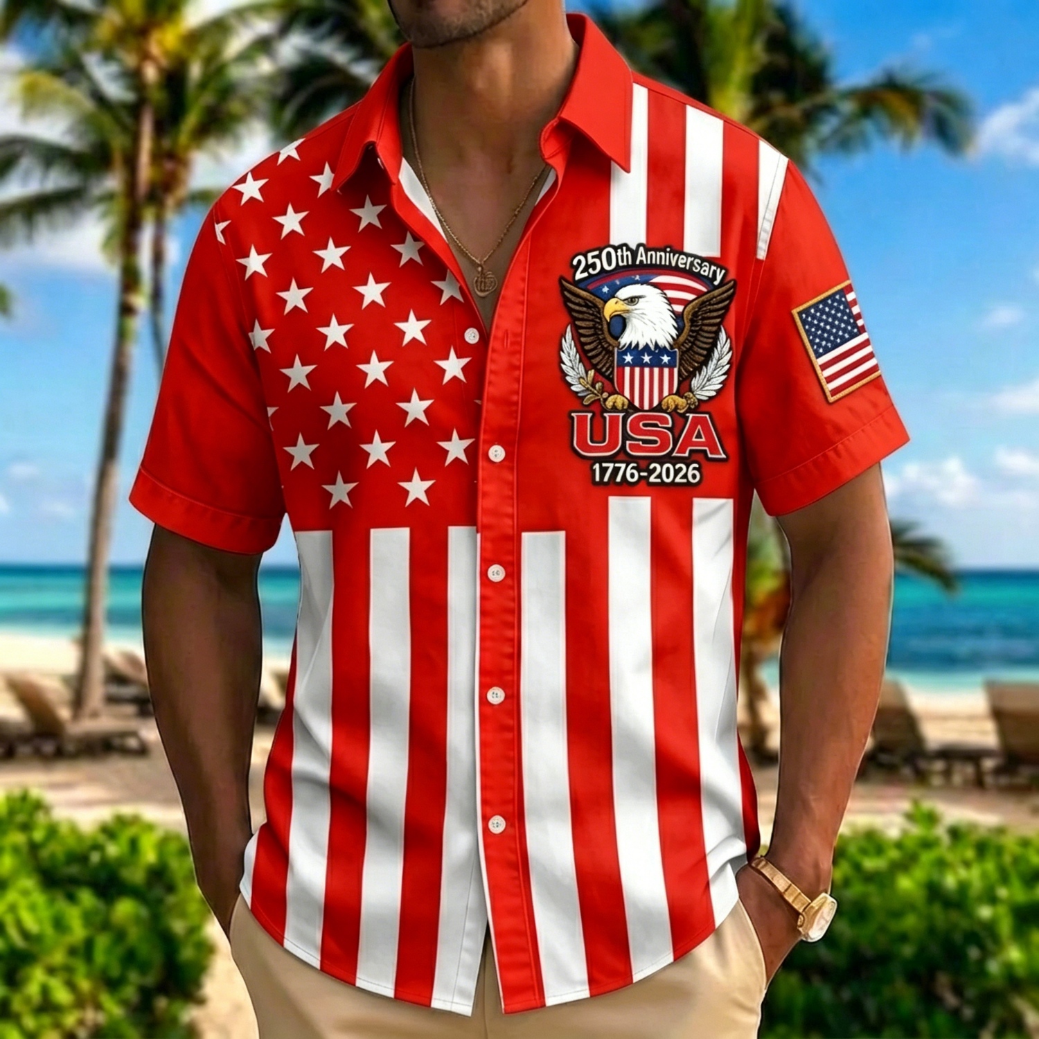Retro Star & Stripe USA Eagle Hawaiian Shirt – Distressed Denim Flag Design with 1776-2026 Patch, Beach Vacation Top