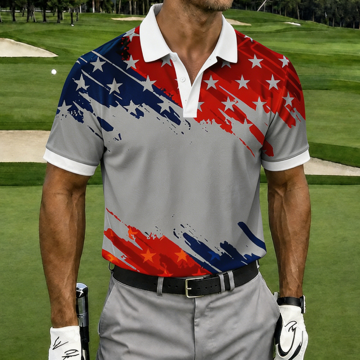 Retro Grunge USA Flag Mens Polo – Diagonal Paint Splash Star Stripe Graphic, Quick Dry Summer Sports Casual Top