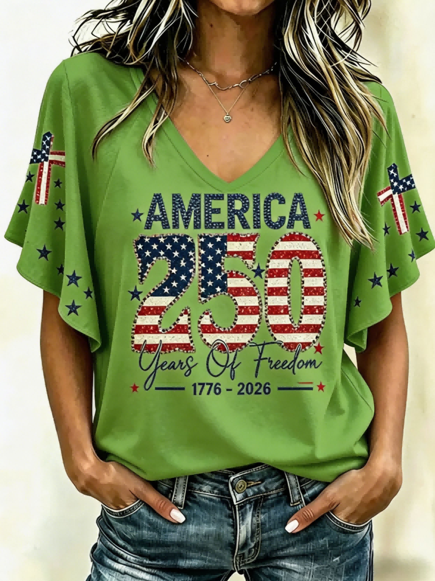 America 250 Years of Freedom Star Print V-Neck Flare Sleeve T-Shirt