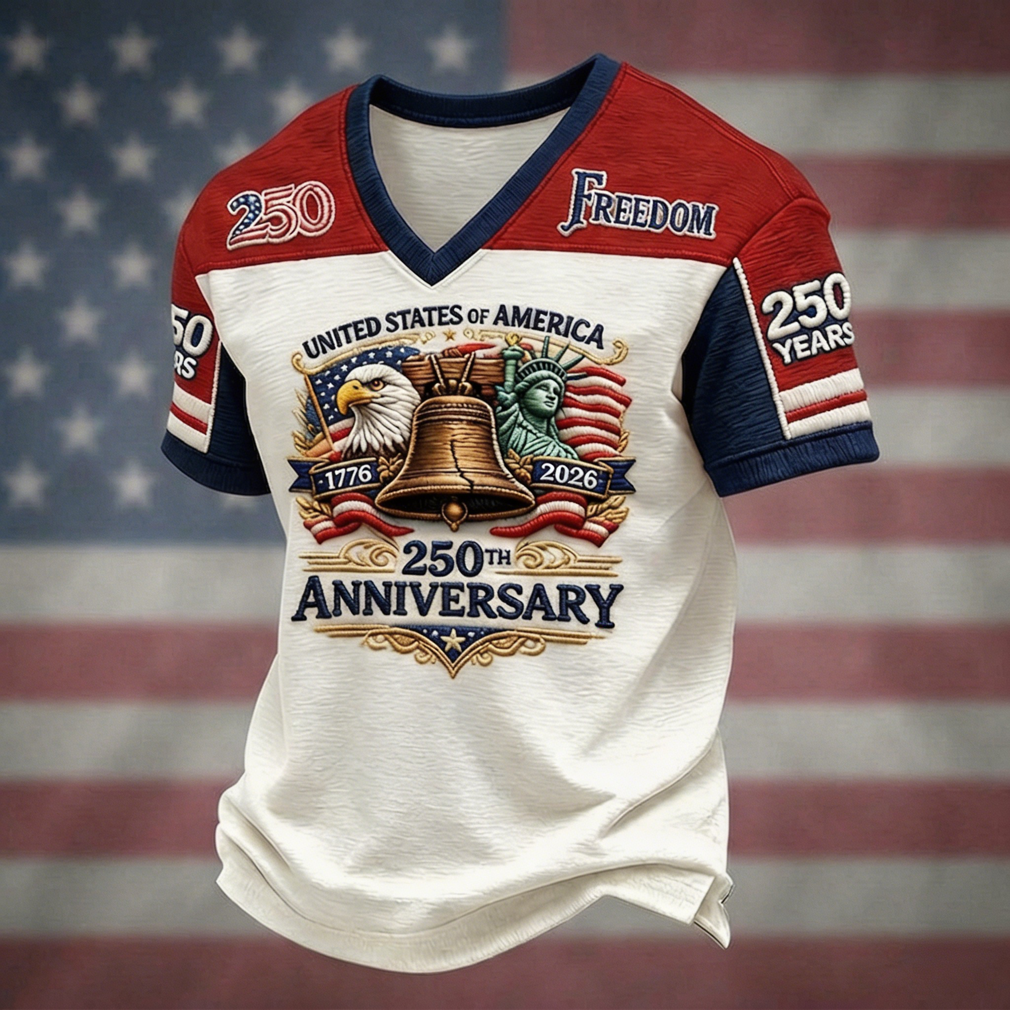 USA 250th Anniversary V-Neck Raglan Tee – Stand For The Flag Kneel For The Cross Cross & US Flag Print, Patriotic Short Sleeve Casual Top