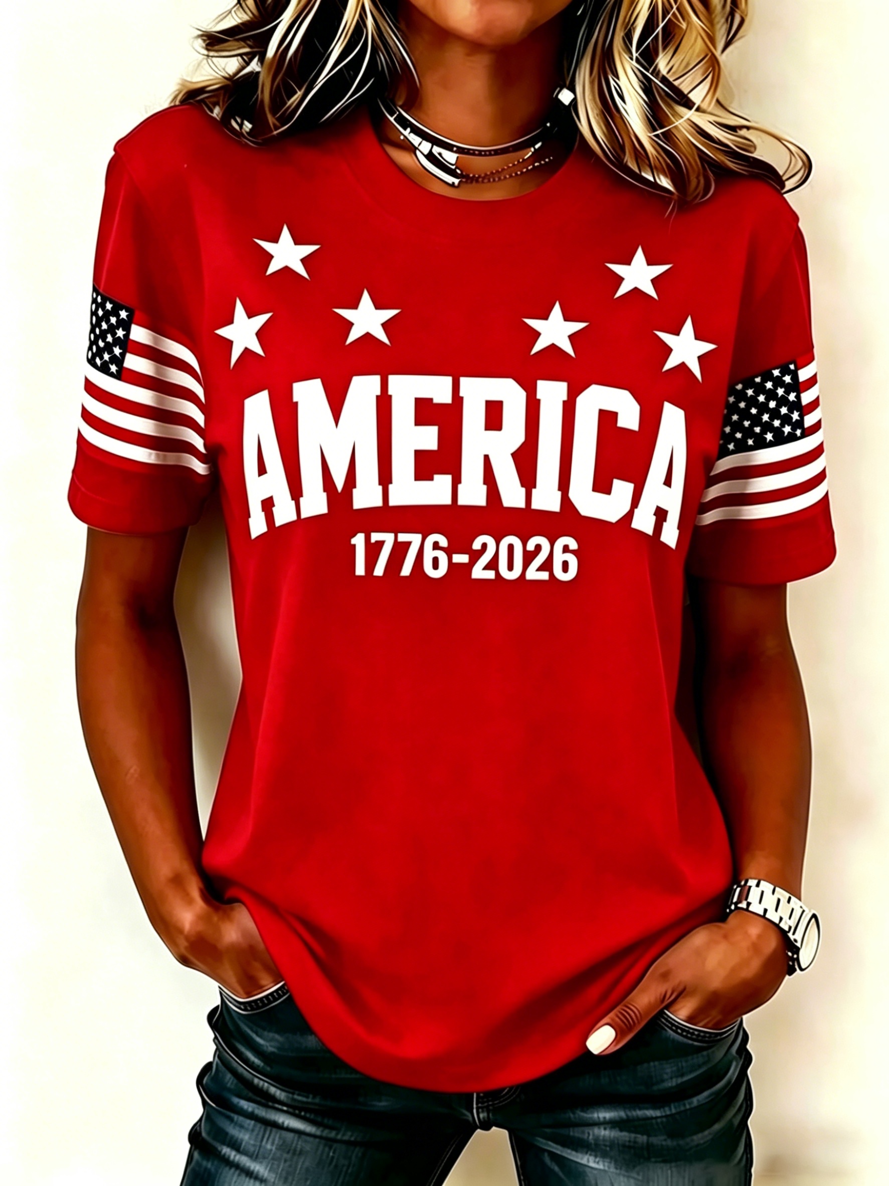 Retro USA Flag Sleeve Tee – "AMERICA 1776-2026" Text with Star Detail, Crew Neck Casual Top