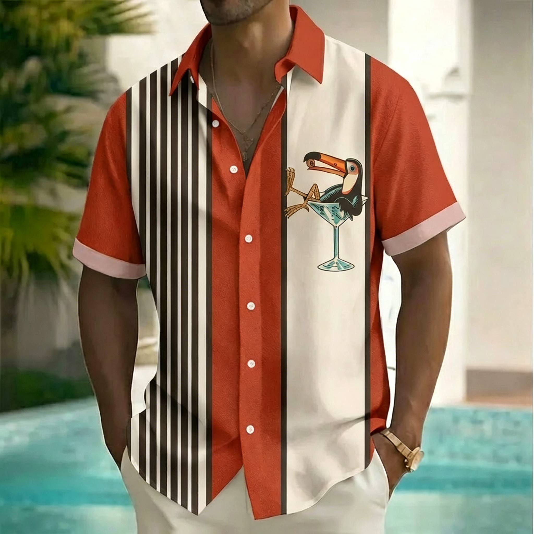 Men's Retro Striped Toucan Cocktail Print Short Sleeve Button Down Shirt, Color Block Tropical Summer Beach Casual Shirt