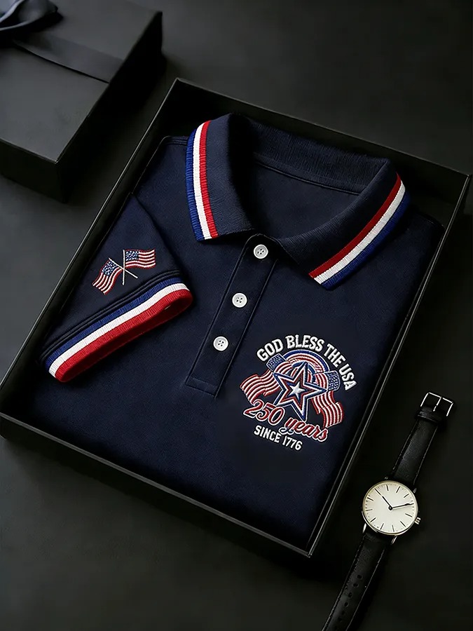 "God Bless the USA" 250th Anniversary Embroidered Polo Shirt