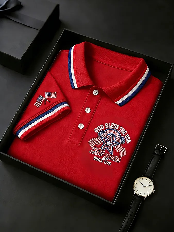 "God Bless the USA" 250th Anniversary Embroidered Polo Shirt